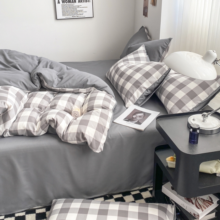 91家纺网 家纺一手货源 找家纺 水洗棉色织格子无印风三件套纯色双拼磨毛被套四件套 幻影-灰