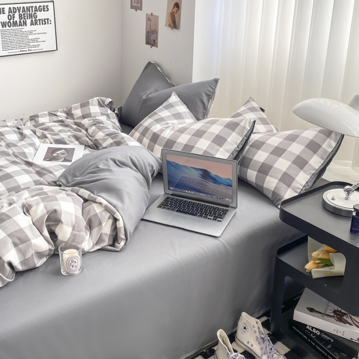 91家纺网 家纺一手货源 找家纺 水洗棉色织格子无印风三件套纯色双拼磨毛被套四件套 幻影-灰