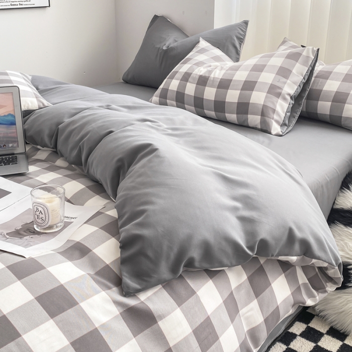 91家纺网 家纺一手货源 找家纺 水洗棉色织格子无印风三件套纯色双拼磨毛被套四件套 幻影-灰