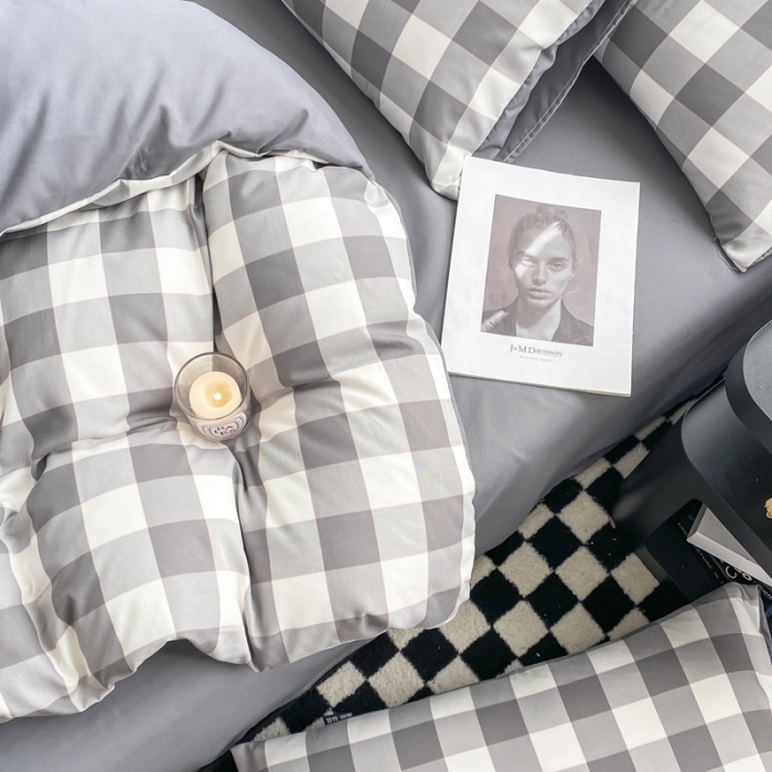 91家纺网 家纺一手货源 找家纺 水洗棉色织格子无印风三件套纯色双拼磨毛被套四件套 幻影-灰