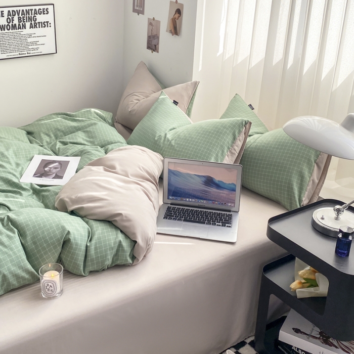 91家纺网 家纺一手货源 找家纺 水洗棉色织格子无印风三件套纯色双拼磨毛被套四件套 极简-绿