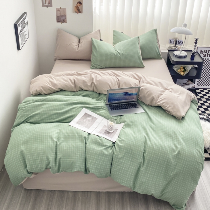 91家纺网 家纺一手货源 找家纺 水洗棉色织格子无印风三件套纯色双拼磨毛被套四件套 极简-绿