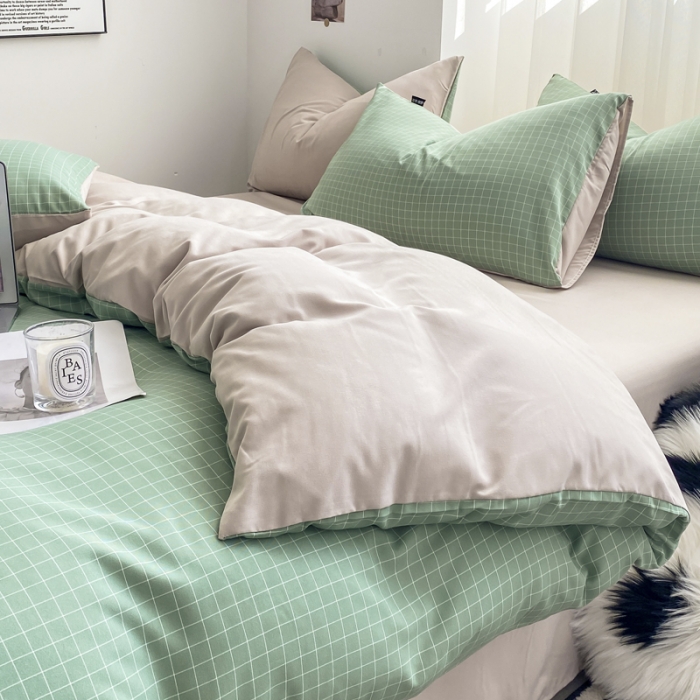 91家纺网 家纺一手货源 找家纺 水洗棉色织格子无印风三件套纯色双拼磨毛被套四件套 极简-绿