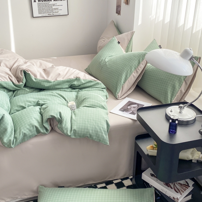 91家纺网 家纺一手货源 找家纺 水洗棉色织格子无印风三件套纯色双拼磨毛被套四件套 极简-绿