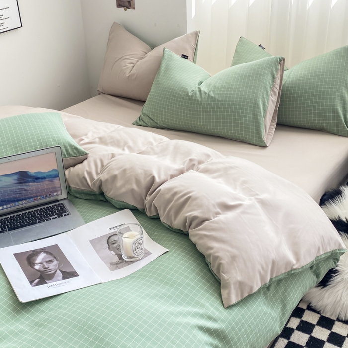 91家纺网 家纺一手货源 找家纺 水洗棉色织格子无印风三件套纯色双拼磨毛被套四件套 极简-绿