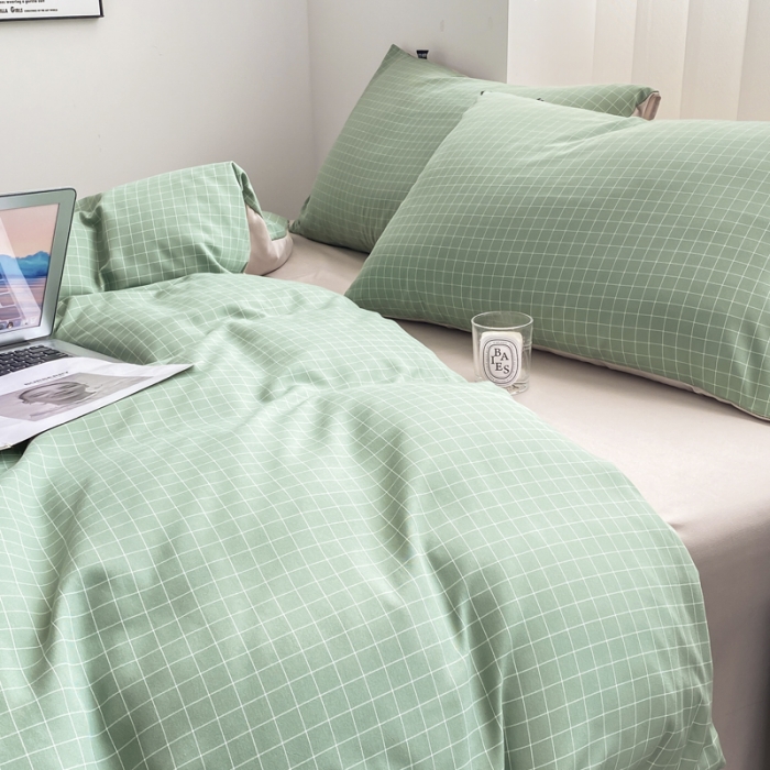 91家纺网 家纺一手货源 找家纺 水洗棉色织格子无印风三件套纯色双拼磨毛被套四件套 极简-绿