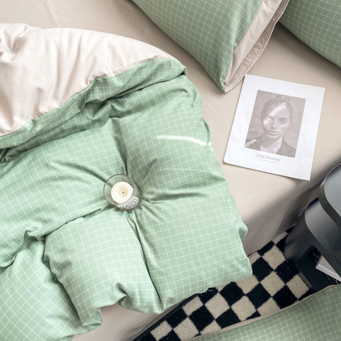 91家纺网 家纺一手货源 找家纺 水洗棉色织格子无印风三件套纯色双拼磨毛被套四件套 极简-绿