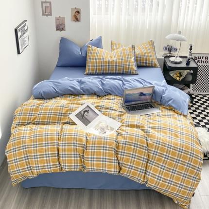 水洗棉色织格子无印风三件套纯色双拼磨毛被套四件套 乐趣-黄