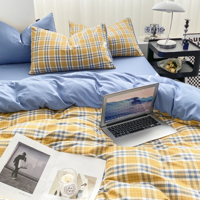 91家纺网 家纺一手货源 找家纺 水洗棉色织格子无印风三件套纯色双拼磨毛被套四件套 乐趣-黄