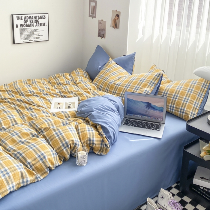 91家纺网 家纺一手货源 找家纺 水洗棉色织格子无印风三件套纯色双拼磨毛被套四件套 乐趣-黄