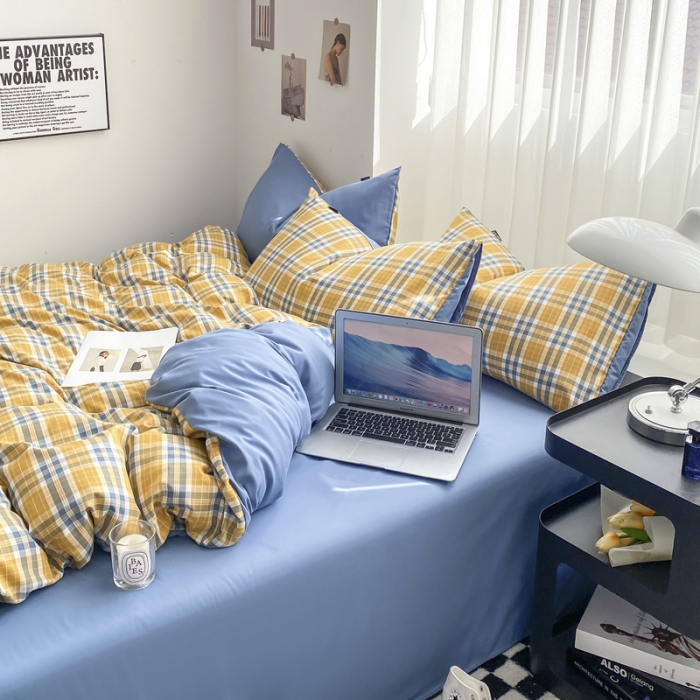 91家纺网 家纺一手货源 找家纺 水洗棉色织格子无印风三件套纯色双拼磨毛被套四件套 乐趣-黄