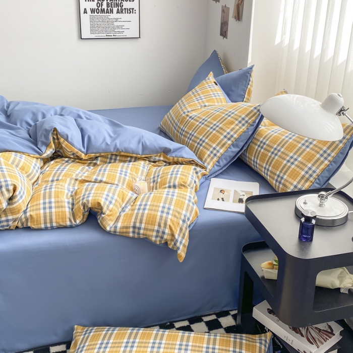 91家纺网 家纺一手货源 找家纺 水洗棉色织格子无印风三件套纯色双拼磨毛被套四件套 乐趣-黄