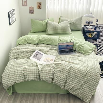 水洗棉色织格子无印风三件套纯色双拼磨毛被套四件套 泡泡-绿
