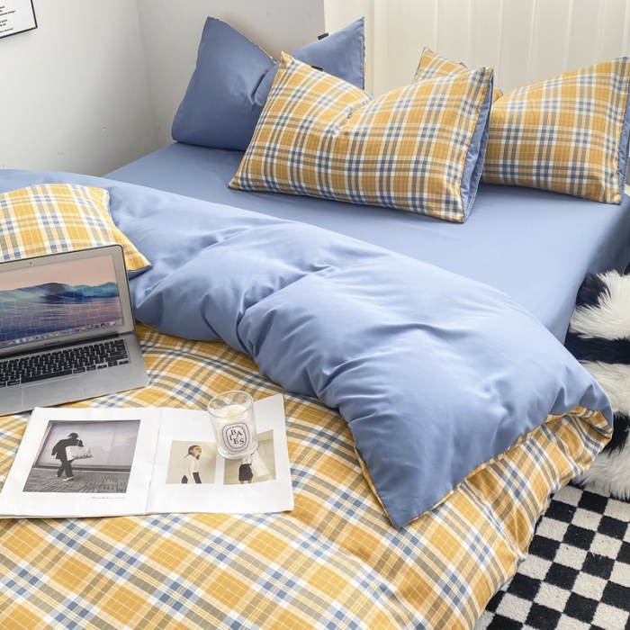 91家纺网 家纺一手货源 找家纺 水洗棉色织格子无印风三件套纯色双拼磨毛被套四件套 乐趣-黄