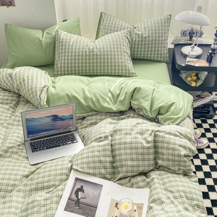 91家纺网 家纺一手货源 找家纺 水洗棉色织格子无印风三件套纯色双拼磨毛被套四件套 泡泡-绿