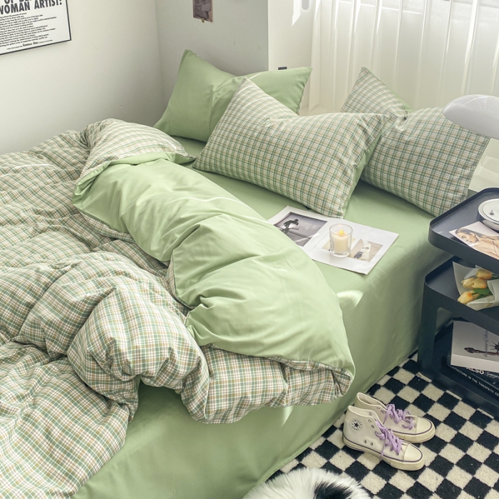 91家纺网 家纺一手货源 找家纺 水洗棉色织格子无印风三件套纯色双拼磨毛被套四件套 泡泡-绿