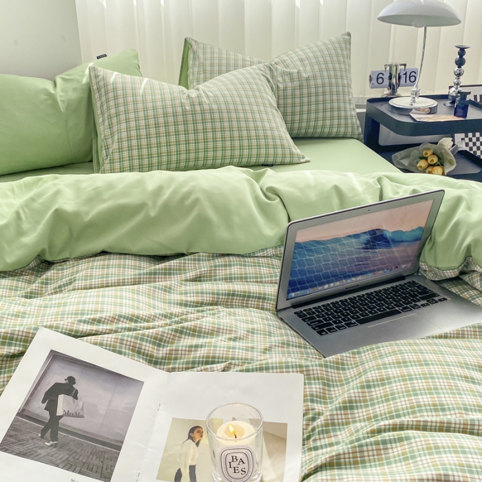 91家纺网 家纺一手货源 找家纺 水洗棉色织格子无印风三件套纯色双拼磨毛被套四件套 泡泡-绿