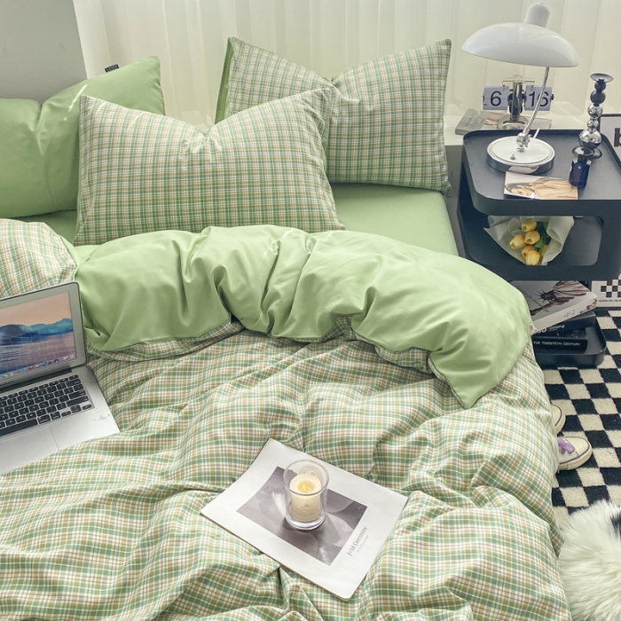 91家纺网 家纺一手货源 找家纺 水洗棉色织格子无印风三件套纯色双拼磨毛被套四件套 泡泡-绿