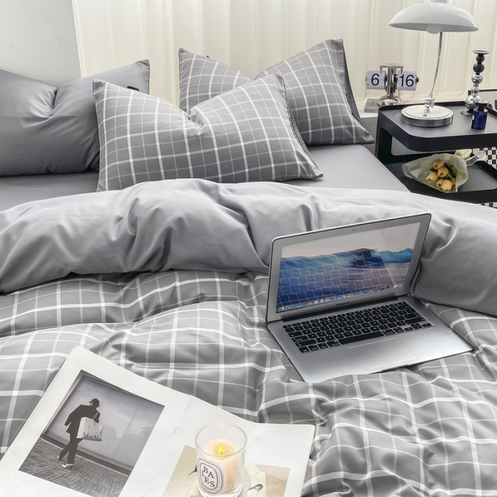 91家纺网 家纺一手货源 找家纺 水洗棉色织格子无印风三件套纯色双拼磨毛被套四件套 绅士-灰