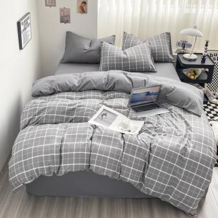 水洗棉色织格子无印风三件套纯色双拼磨毛被套四件套 绅士-灰