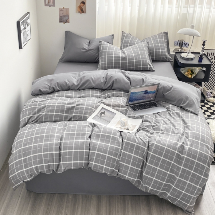 91家纺网 家纺一手货源 找家纺 水洗棉色织格子无印风三件套纯色双拼磨毛被套四件套 绅士-灰