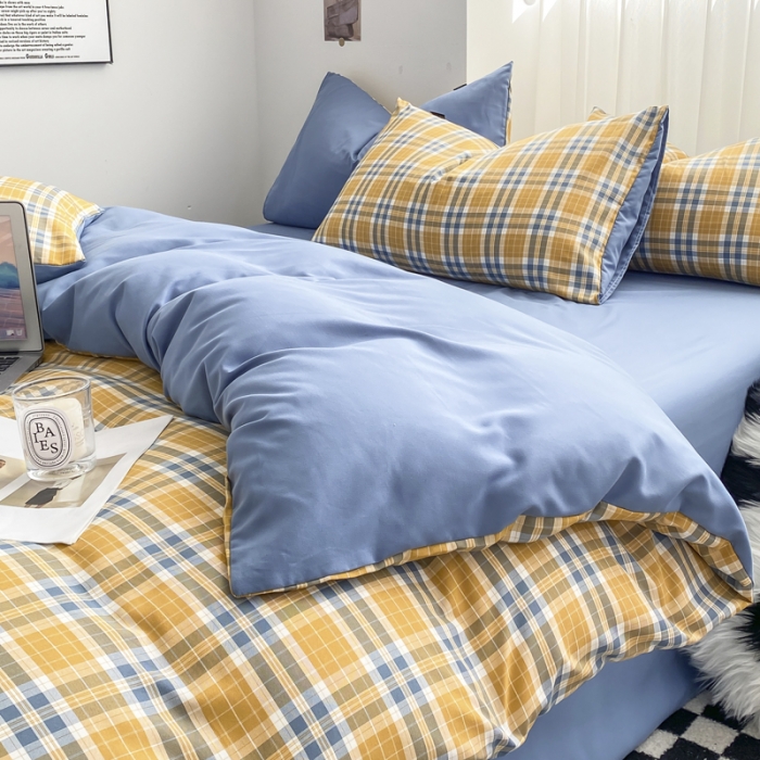 91家纺网 家纺一手货源 找家纺 水洗棉色织格子无印风三件套纯色双拼磨毛被套四件套 乐趣-黄