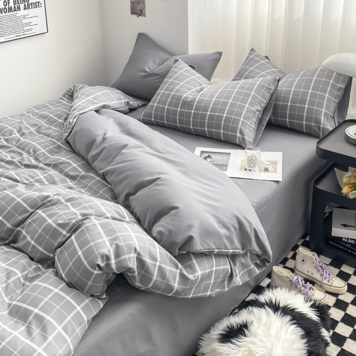 91家纺网 家纺一手货源 找家纺 水洗棉色织格子无印风三件套纯色双拼磨毛被套四件套 绅士-灰