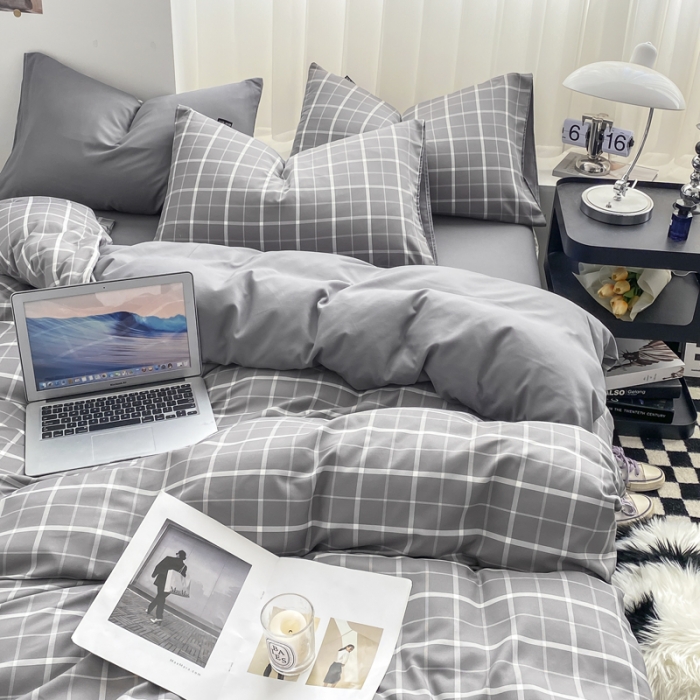 91家纺网 家纺一手货源 找家纺 水洗棉色织格子无印风三件套纯色双拼磨毛被套四件套 绅士-灰