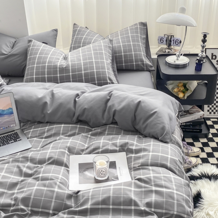 91家纺网 家纺一手货源 找家纺 水洗棉色织格子无印风三件套纯色双拼磨毛被套四件套 绅士-灰