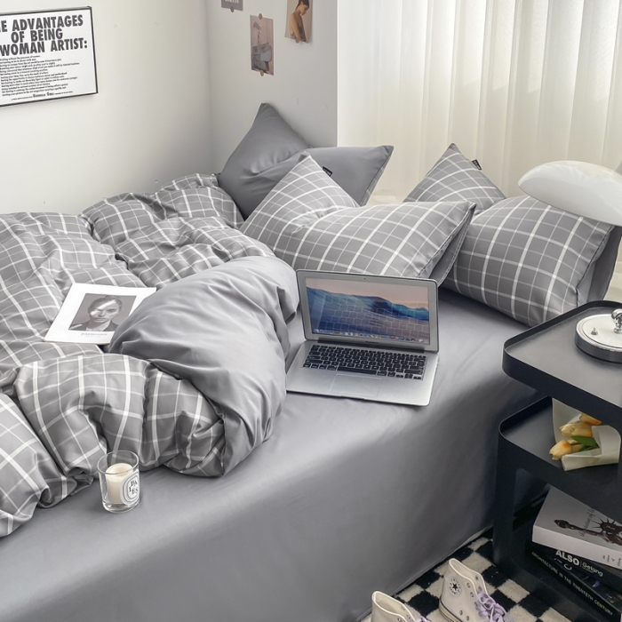 91家纺网 家纺一手货源 找家纺 水洗棉色织格子无印风三件套纯色双拼磨毛被套四件套 绅士-灰