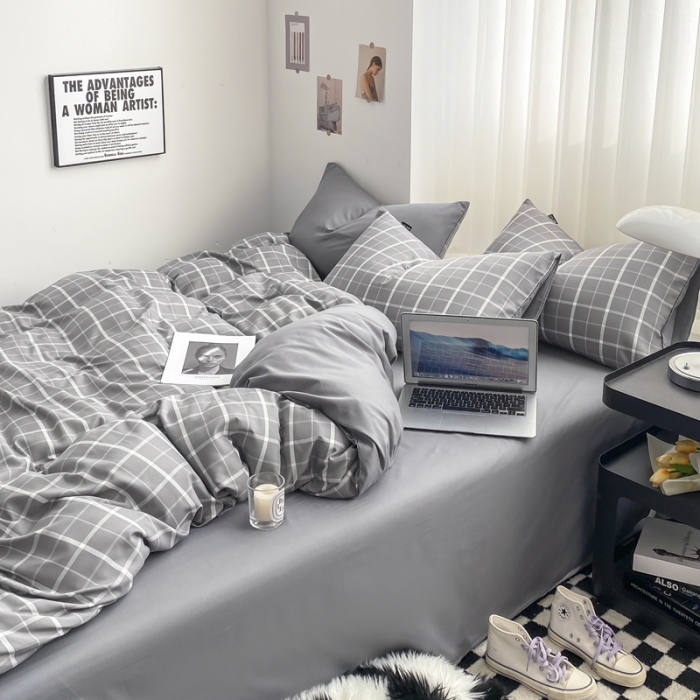 91家纺网 家纺一手货源 找家纺 水洗棉色织格子无印风三件套纯色双拼磨毛被套四件套 绅士-灰