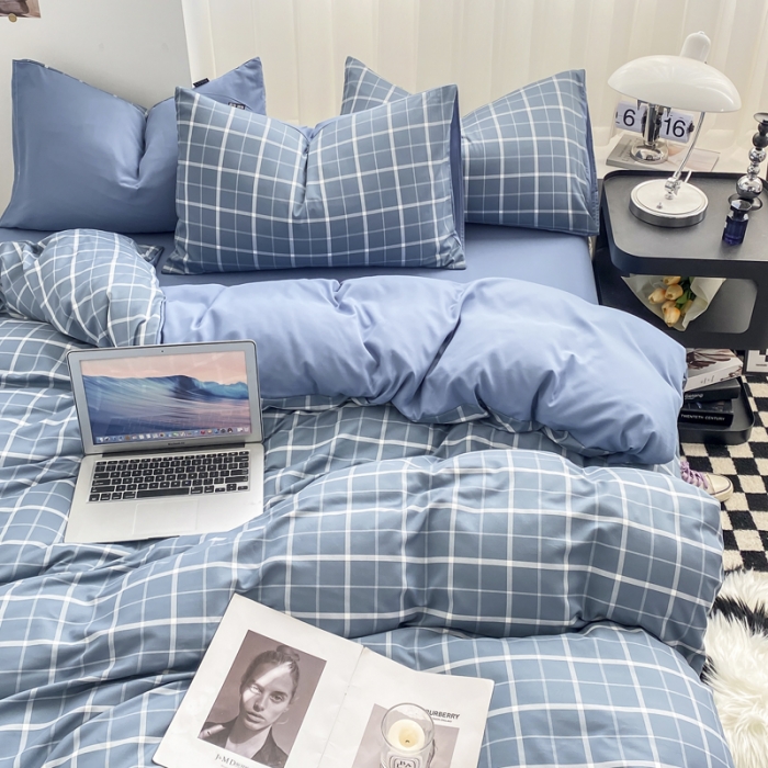 91家纺网 家纺一手货源 找家纺 水洗棉色织格子无印风三件套纯色双拼磨毛被套四件套 绅士-蓝