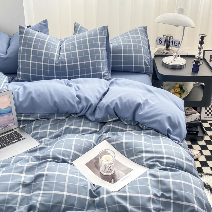 91家纺网 家纺一手货源 找家纺 水洗棉色织格子无印风三件套纯色双拼磨毛被套四件套 绅士-蓝