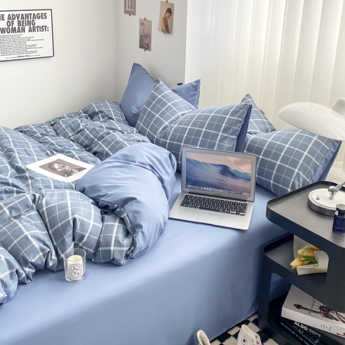 91家纺网 家纺一手货源 找家纺 水洗棉色织格子无印风三件套纯色双拼磨毛被套四件套 绅士-蓝