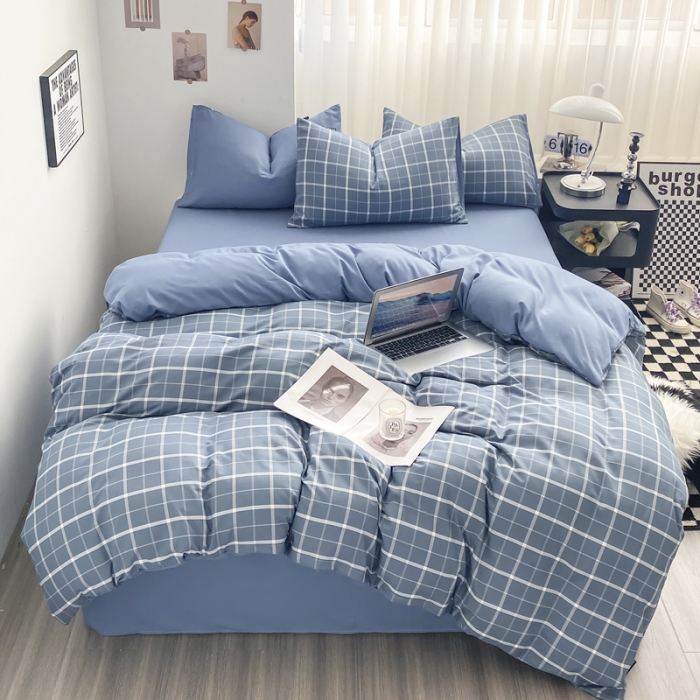 91家纺网 家纺一手货源 找家纺 水洗棉色织格子无印风三件套纯色双拼磨毛被套四件套 绅士-蓝