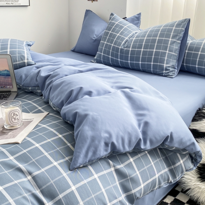 91家纺网 家纺一手货源 找家纺 水洗棉色织格子无印风三件套纯色双拼磨毛被套四件套 绅士-蓝