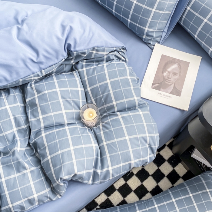 91家纺网 家纺一手货源 找家纺 水洗棉色织格子无印风三件套纯色双拼磨毛被套四件套 绅士-蓝