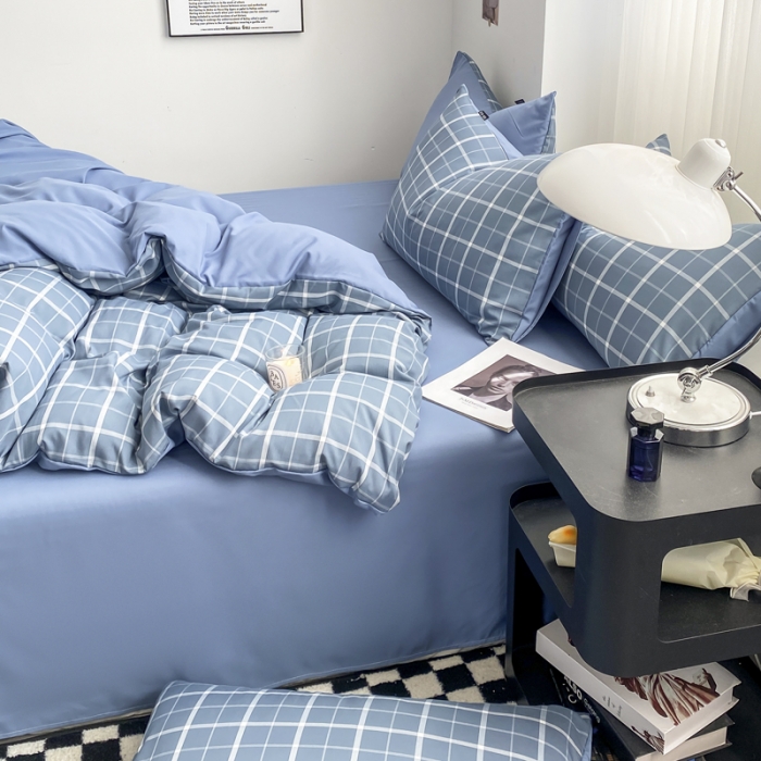 91家纺网 家纺一手货源 找家纺 水洗棉色织格子无印风三件套纯色双拼磨毛被套四件套 绅士-蓝