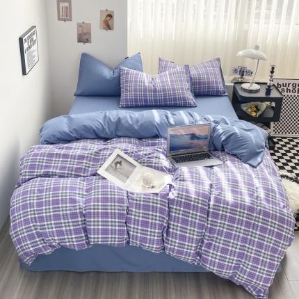 水洗棉色织格子无印风三件套纯色双拼磨毛被套四件套 英伦-紫