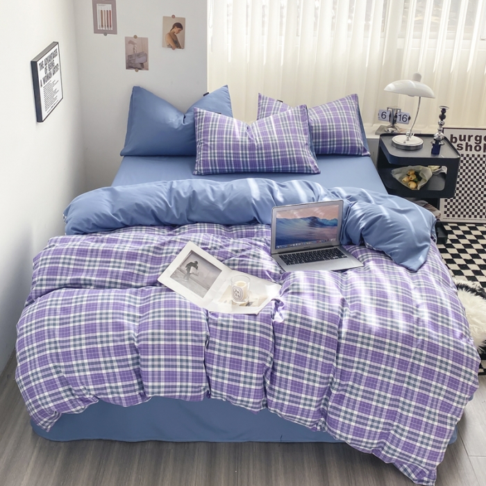91家纺网 家纺一手货源 找家纺 水洗棉色织格子无印风三件套纯色双拼磨毛被套四件套 英伦-紫