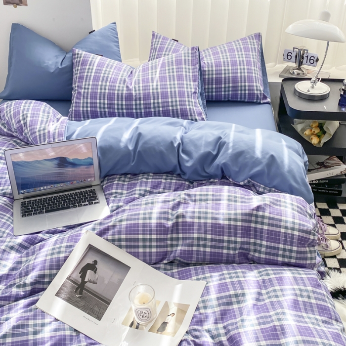 91家纺网 家纺一手货源 找家纺 水洗棉色织格子无印风三件套纯色双拼磨毛被套四件套 英伦-紫