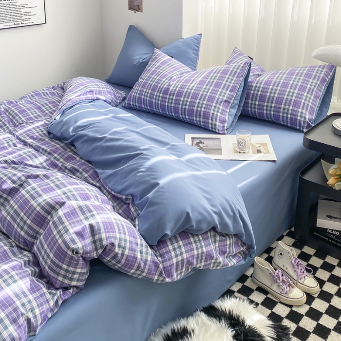 91家纺网 家纺一手货源 找家纺 水洗棉色织格子无印风三件套纯色双拼磨毛被套四件套 英伦-紫