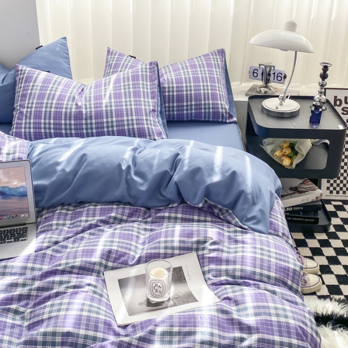 91家纺网 家纺一手货源 找家纺 水洗棉色织格子无印风三件套纯色双拼磨毛被套四件套 英伦-紫
