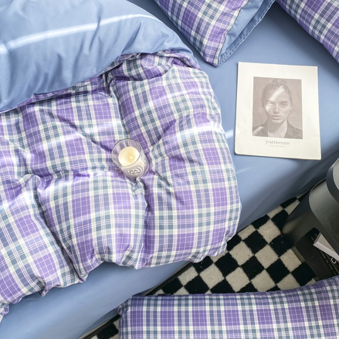 91家纺网 家纺一手货源 找家纺 水洗棉色织格子无印风三件套纯色双拼磨毛被套四件套 英伦-紫