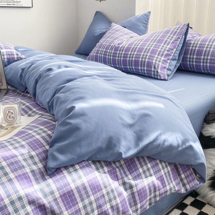 91家纺网 家纺一手货源 找家纺 水洗棉色织格子无印风三件套纯色双拼磨毛被套四件套 英伦-紫