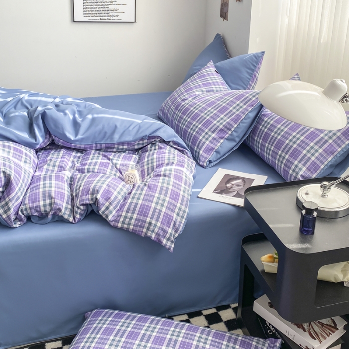91家纺网 家纺一手货源 找家纺 水洗棉色织格子无印风三件套纯色双拼磨毛被套四件套 英伦-紫