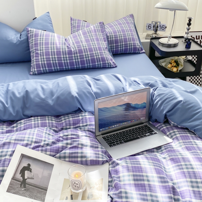 91家纺网 家纺一手货源 找家纺 水洗棉色织格子无印风三件套纯色双拼磨毛被套四件套 英伦-紫