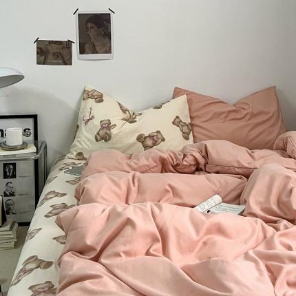 直播热款A类水洗棉双层纱四件套纯色小碎花被套床笠三件套 粉玉+童话