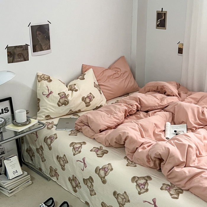 91家纺网 家纺一手货源 找家纺 直播热款A类水洗棉双层纱四件套纯色小碎花被套床笠三件套 粉玉+童话