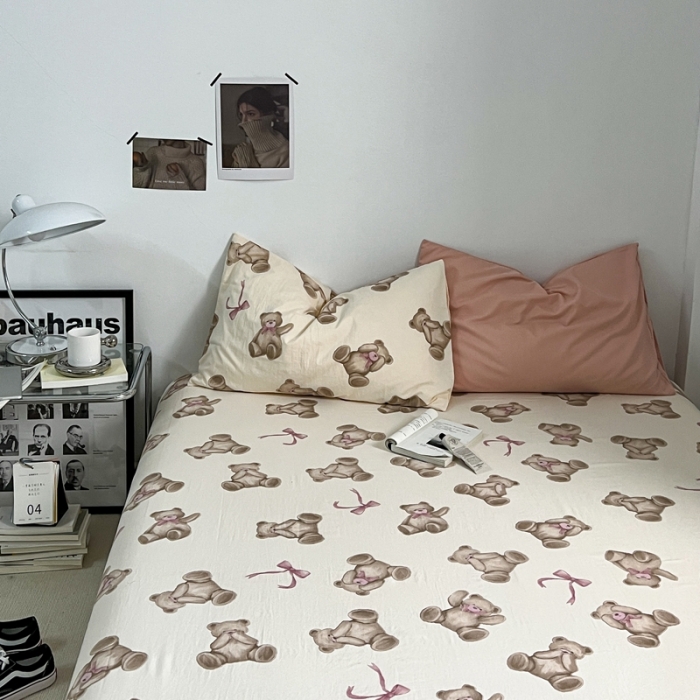 91家纺网 家纺一手货源 找家纺 直播热款A类水洗棉双层纱四件套纯色小碎花被套床笠三件套 粉玉+童话